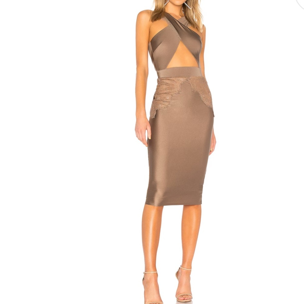 Michael Costello Taupe Cross-Front Backless Midi Dress